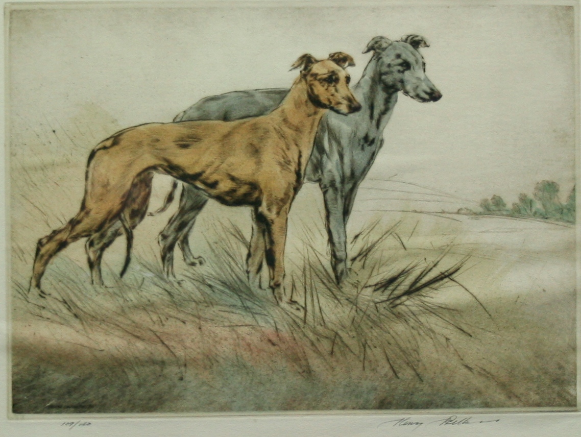 After Henry Wilkinson (1921-2011) A SIGNED AQUATINT ENGRAVING, a pair of greyhounds in a landscape