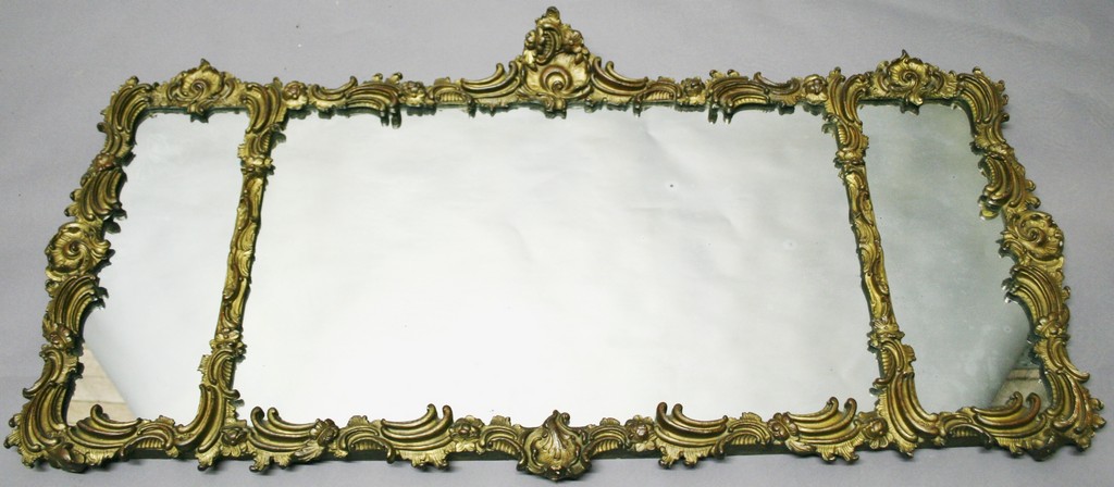 A 19TH CENTURY GILTWOOD WALL MIRROR, the large central rectangular plate flanked by two smaller