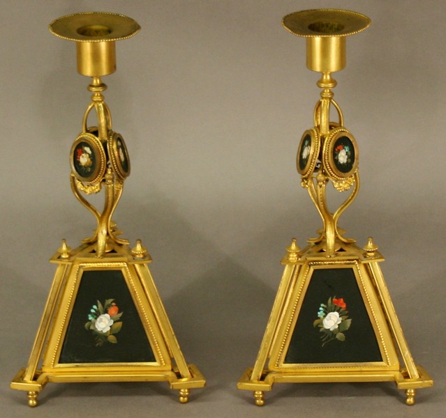 A PAIR OF CONTINENTAL GILT METAL AND PIETRA DURA CANDLESTICKS, having removable sconces with beaded