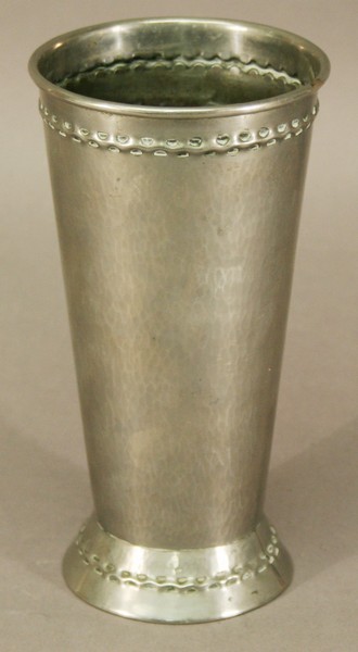 A KESWICK SCHOOL OF INDUSTRIAL ART (KSIA) `SILVEROID` VASE of cylindrical form having a rolled rim,