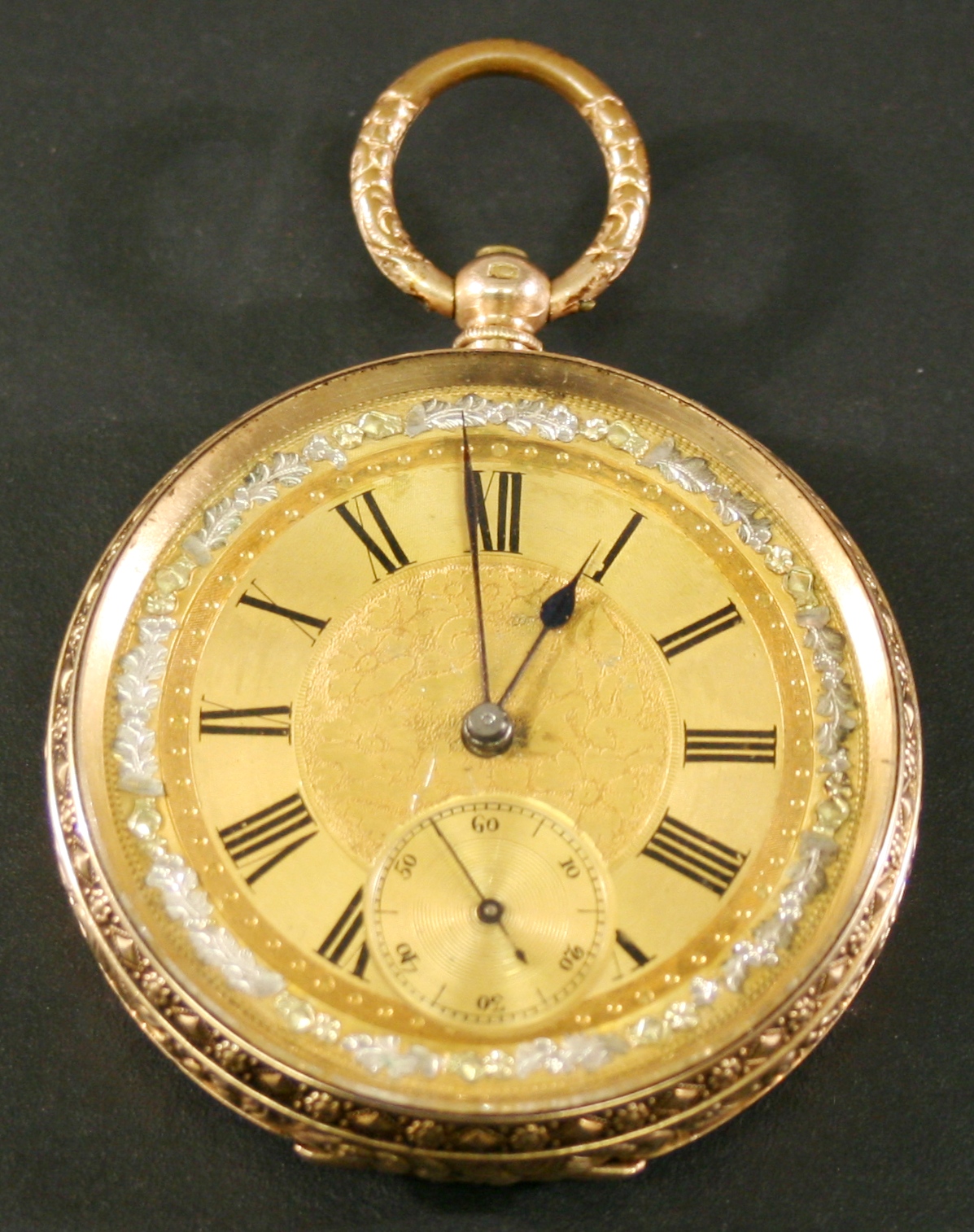 A SWISS 14K GOLD CASED OPEN-FACED POCKET WATCH, the gold tone dial with Roman hours framing a