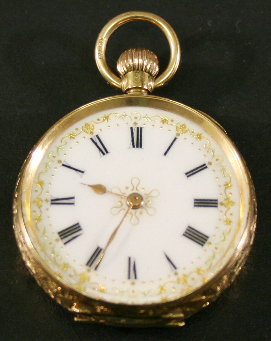 AN 18CT GOLD CASED FOB WATCH, the case with engraved foliate decoration opening to reveal a
