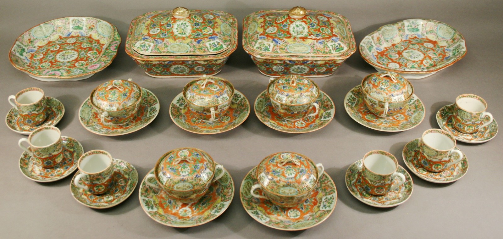 A QUANTITY OF CHINESE FAMILLE ROSE WARES comprising six two handled cups and covers, seven saucers,