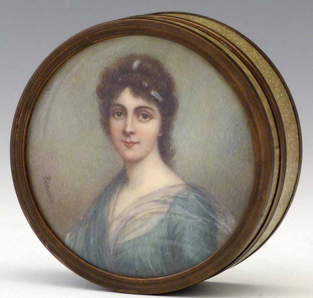 Benner, French 19th century: a circular portrait miniature of an elegant woman, signed, set as the
