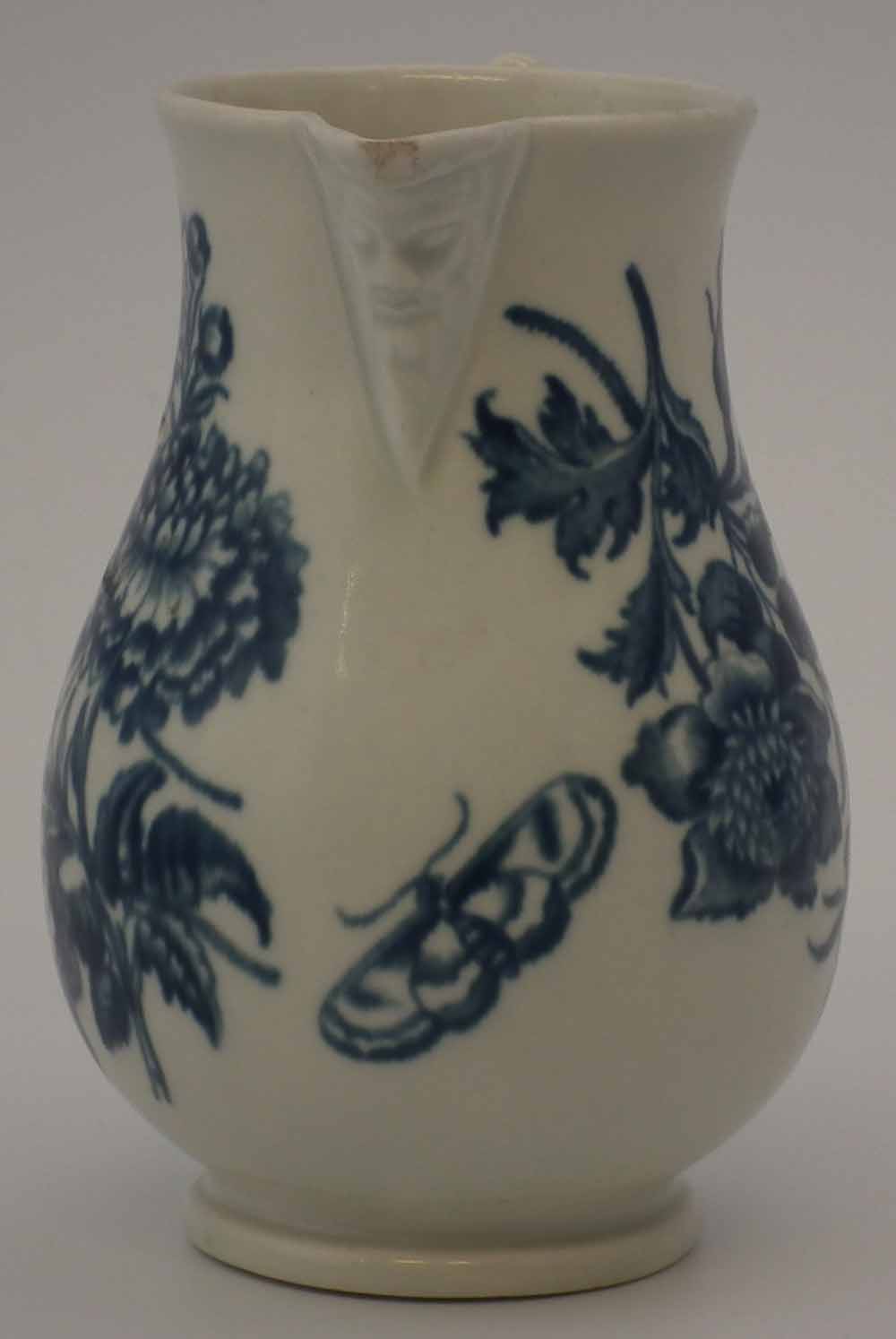 Worcester mask jug circa 1770   printed with natural sprays in underglaze blue, crescent mark to - Image 2 of 5