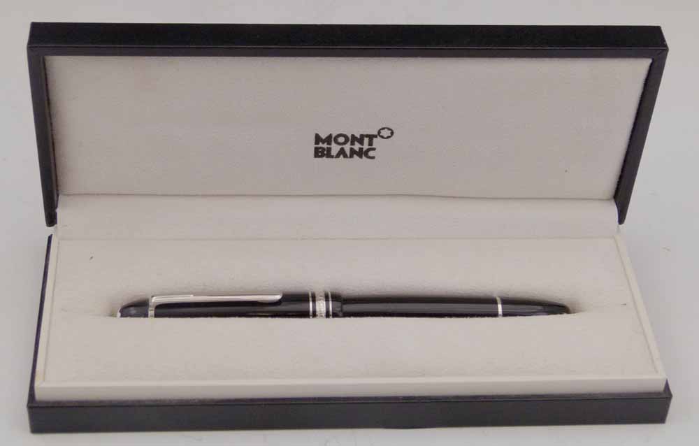 Montblanc Pix fountain pen, black with chromed bands, 4810 14K white gold nib, in its Montblanc box.
