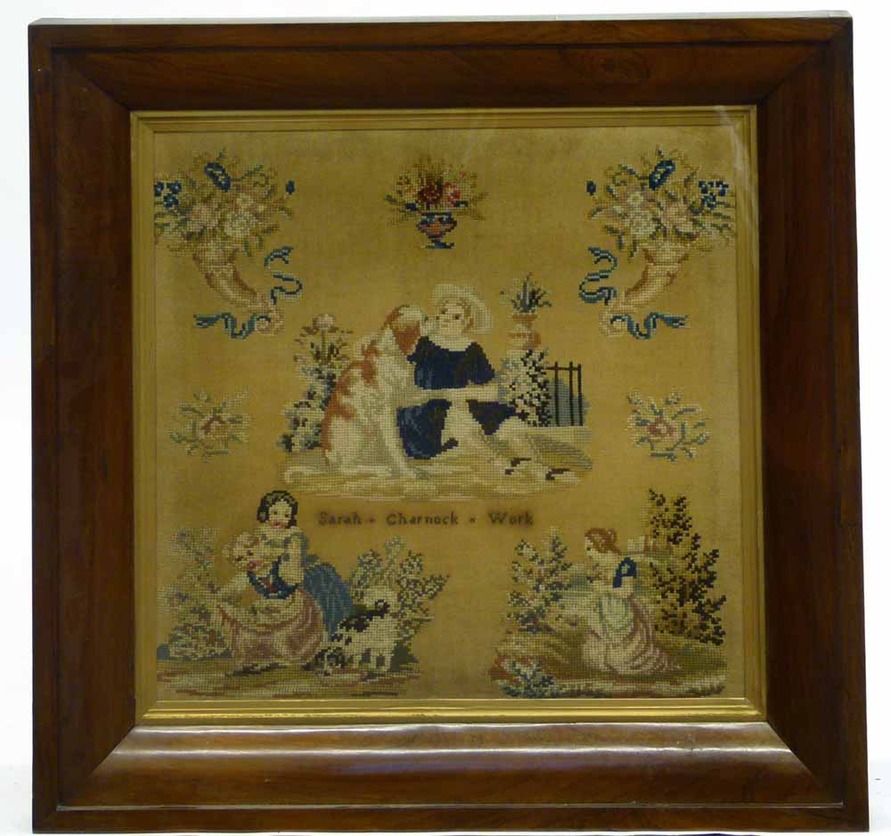 Victorian woolwork sampler "Sarah Charnock Work", depicting vignettes of young women and  flowers,