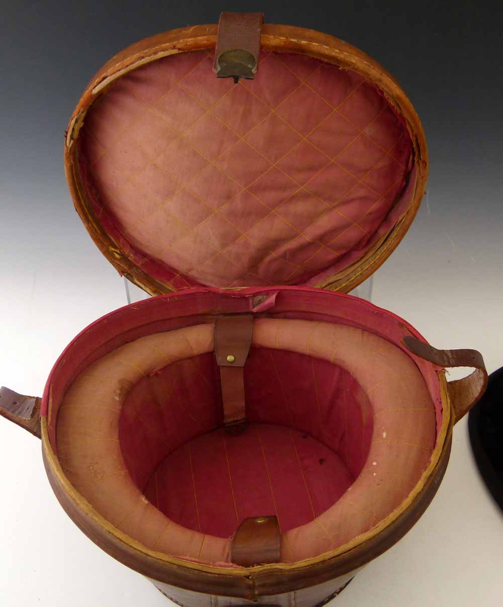 Antique brown leather top hat case containing a dressage top hat by Herbert Johnson.    Condition - Image 3 of 3