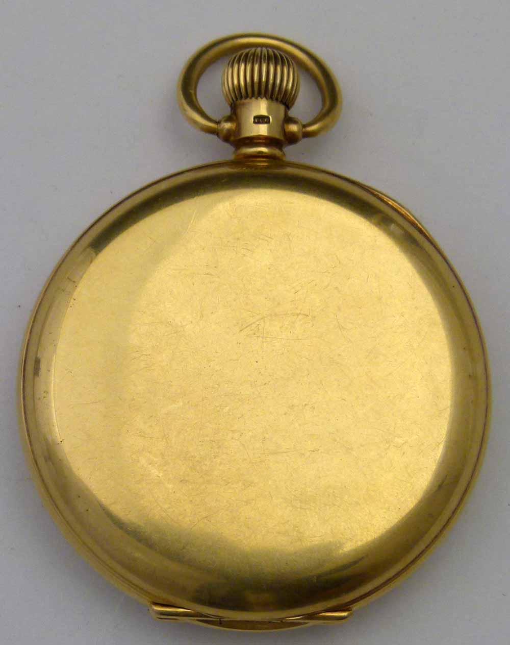Waltham 18ct gold cased open faced pocket watch, Dennison case Birmingham 1920, white enamel Roman - Image 2 of 5