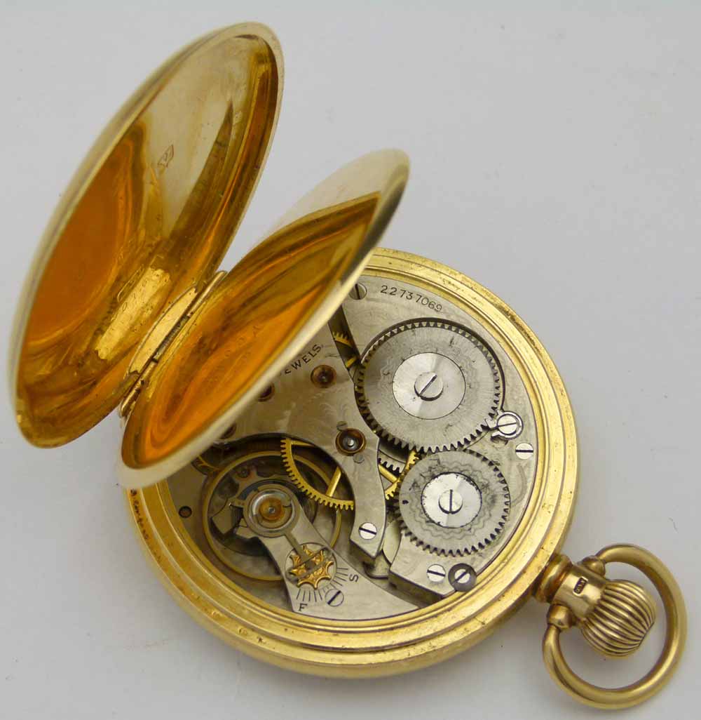 Waltham 18ct gold cased open faced pocket watch, Dennison case Birmingham 1920, white enamel Roman - Image 4 of 5