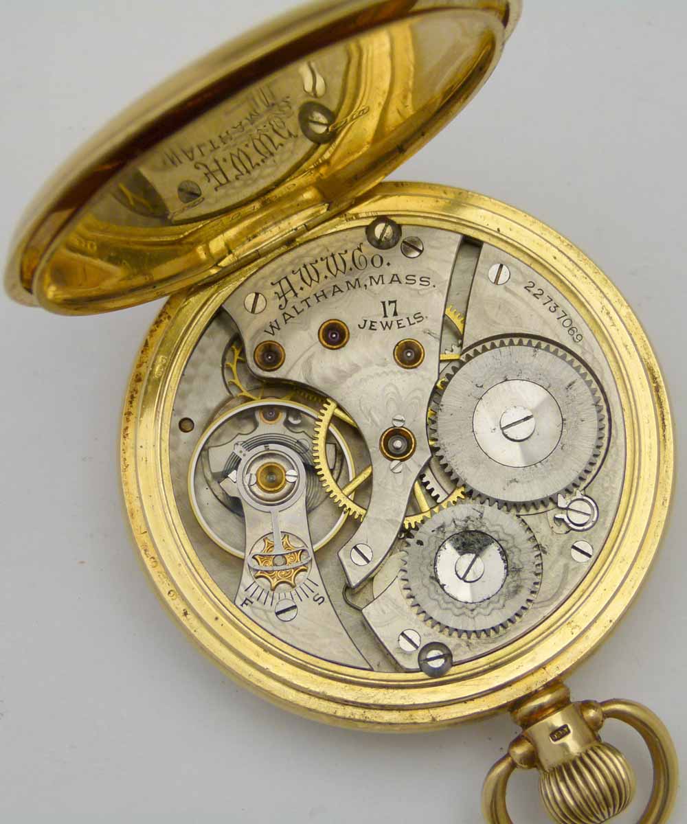 Waltham 18ct gold cased open faced pocket watch, Dennison case Birmingham 1920, white enamel Roman - Image 5 of 5