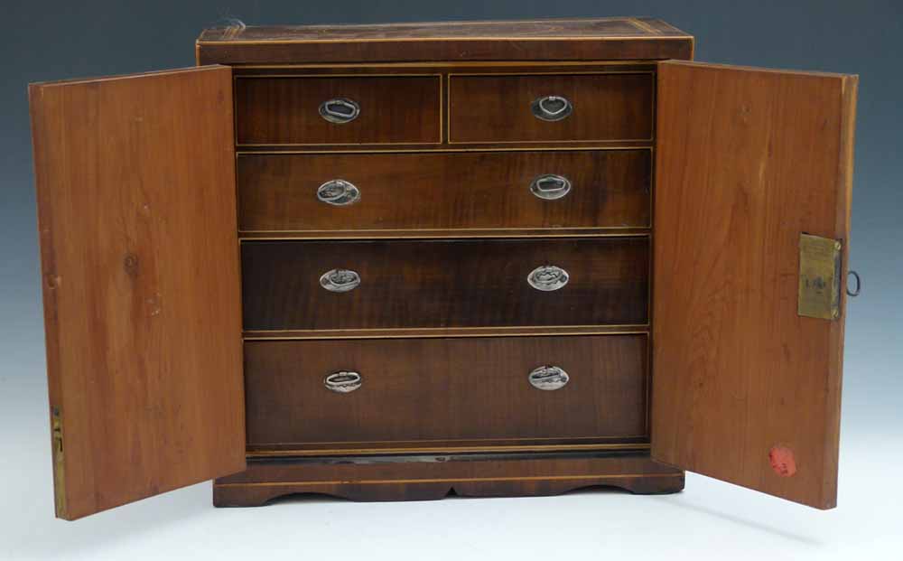 Fiddle back mahogany table top cabinet circa 1820, of two doors enclosing two short and three long - Image 2 of 5