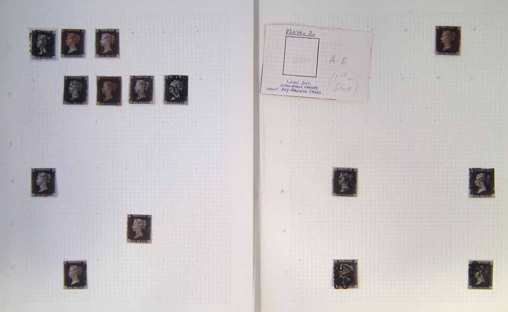 Collection of QV 1d blacks on 2 album pages, sorted by letters A-F, mainly 2 or 4 margin copies with