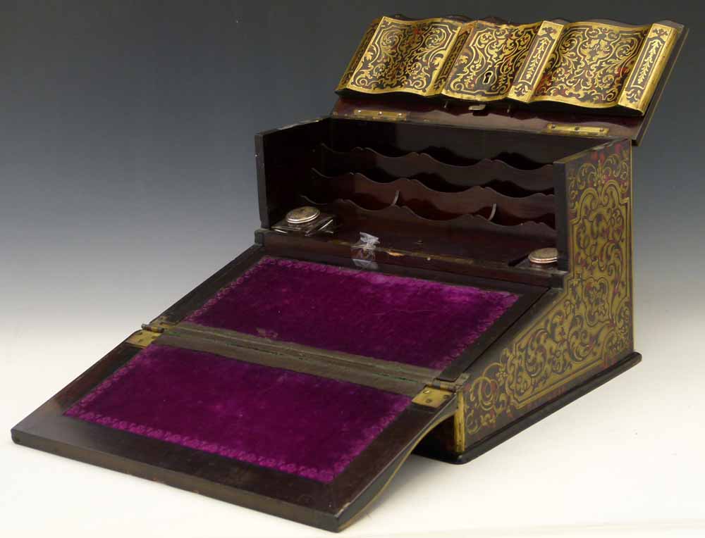 Boulle type cut brass and tortoishell lacquer table-top writing box, late 19th century, the raised - Image 2 of 9