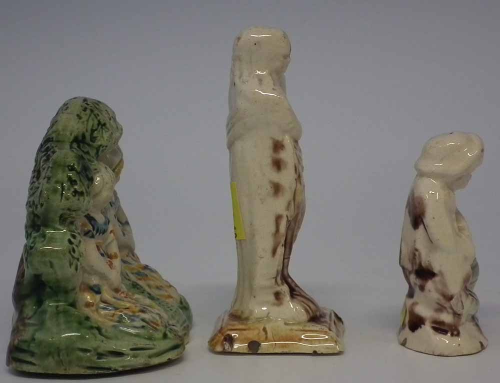 Two Creamware Pratt colour figures and a figure group circa 1800   the tallest figure measures - Image 2 of 4