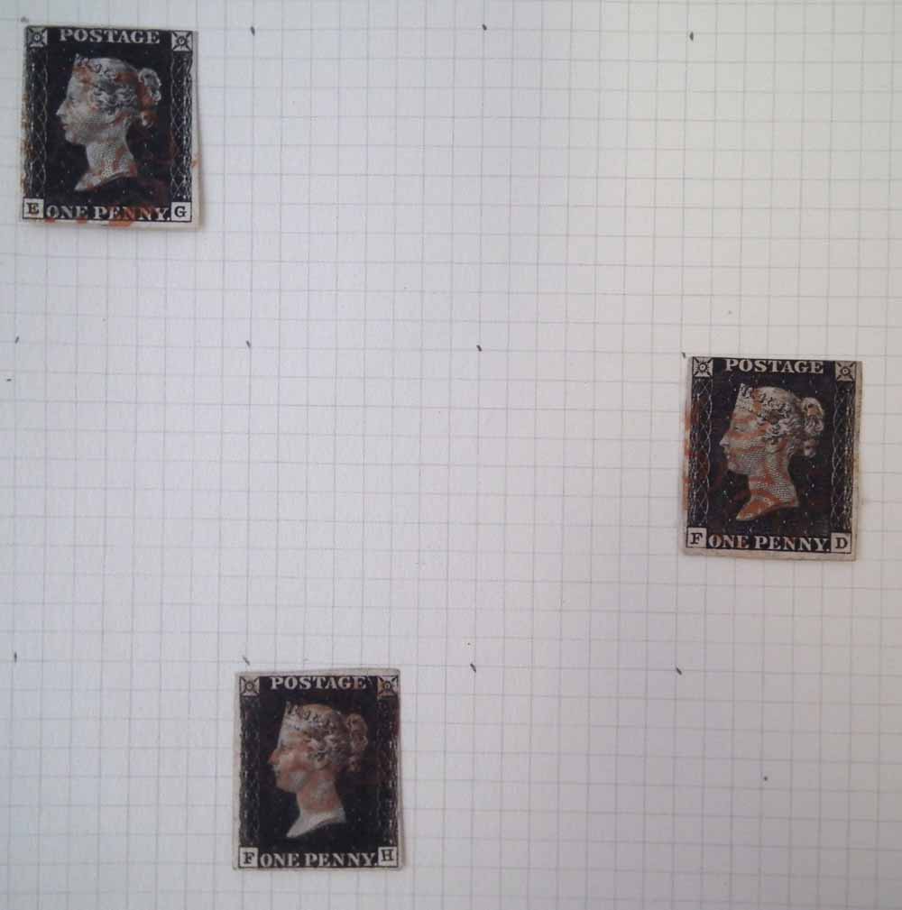 Collection of QV 1d blacks on 2 album pages, sorted by letters A-F, mainly 2 or 4 margin copies with - Image 3 of 6