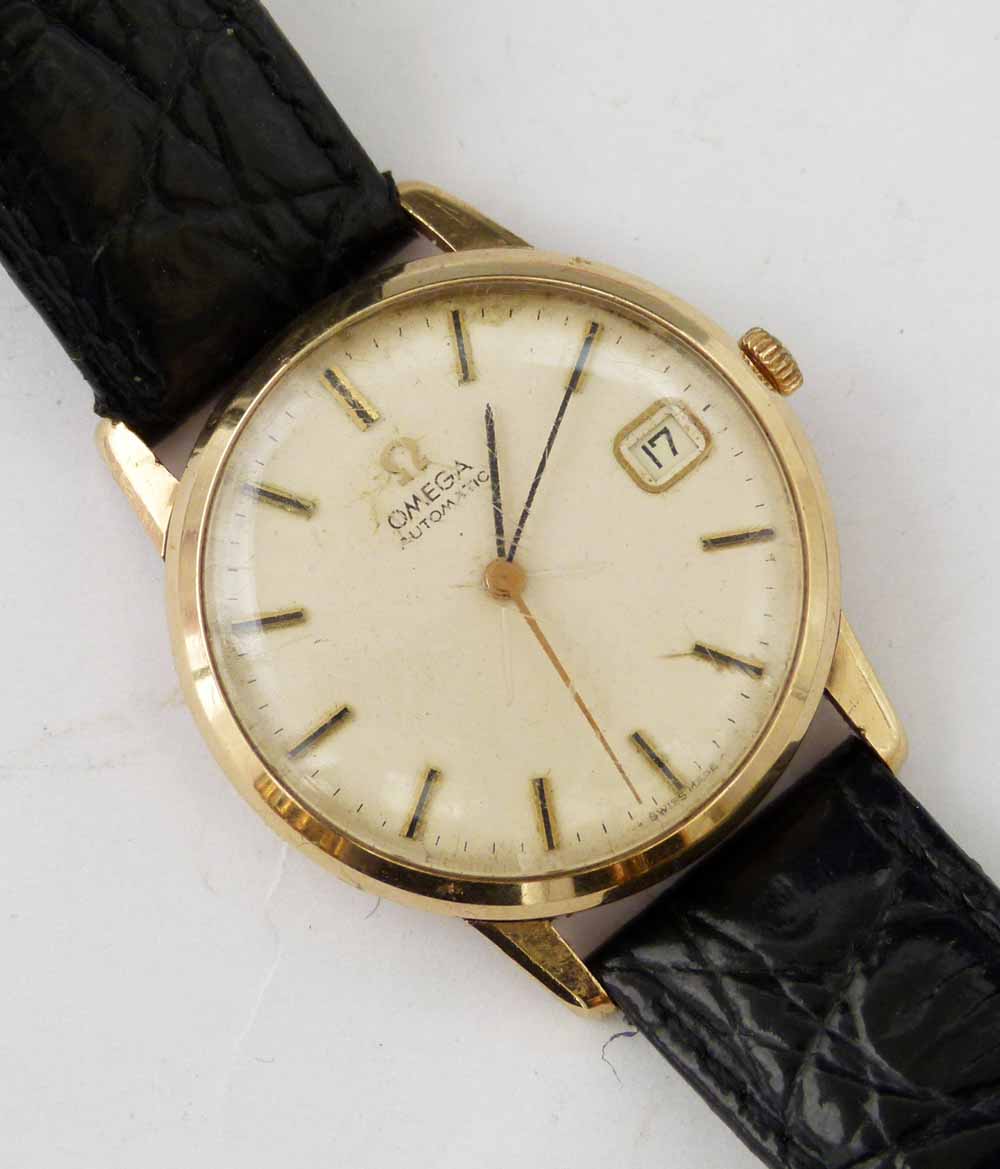 Omega 9ct gold cased man`s automatic wristwatch, case Birmingham 1979, cream dial, baton chapters,