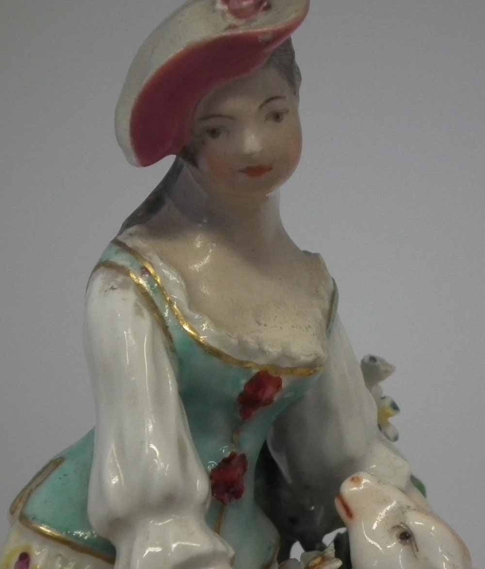 Derby figure circa 1770   modelled as a lady with a sheep, patch marks to base, 14cm high - Image 6 of 6