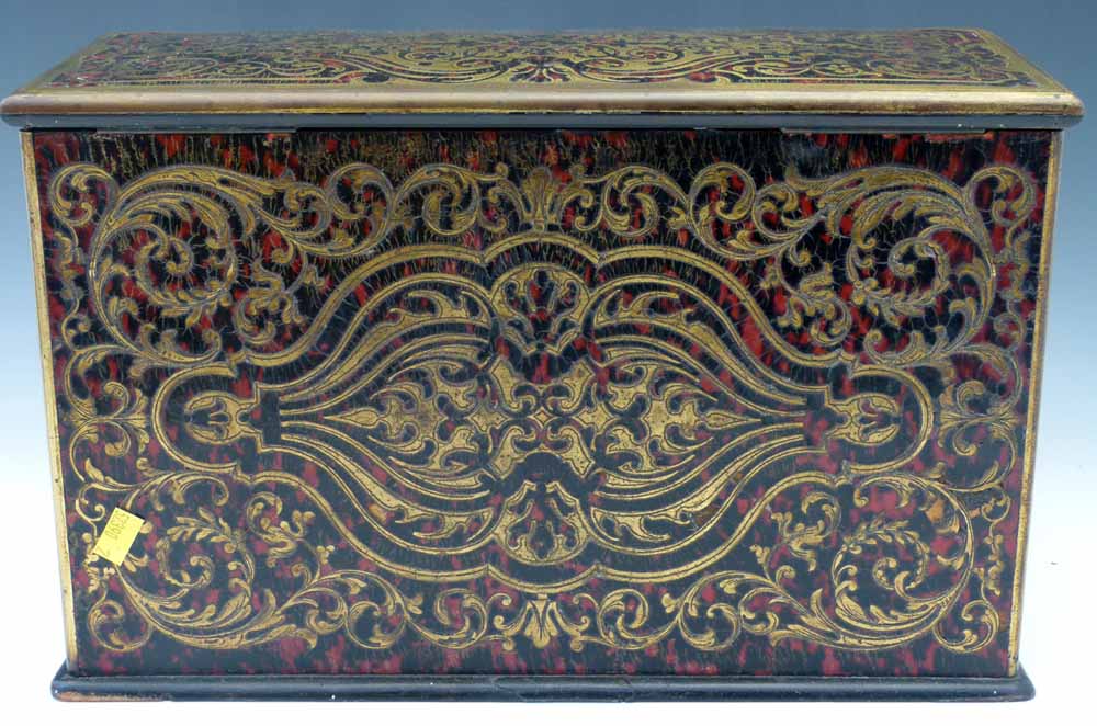 Boulle type cut brass and tortoishell lacquer table-top writing box, late 19th century, the raised - Image 7 of 9