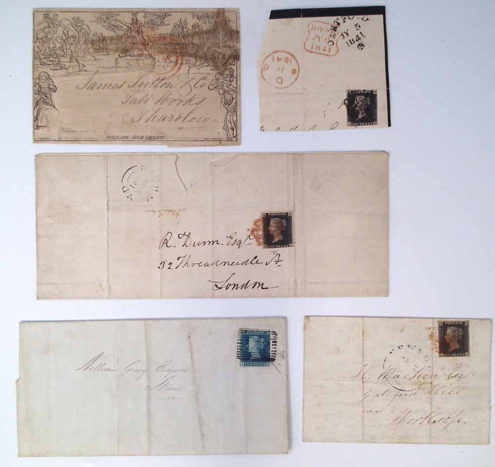 Collection of QV 1d blacks, 2 on cover and 2 on small piece, also 2d blue on wrapper dated 1851