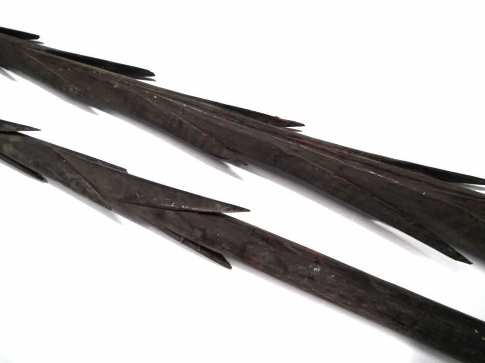 Two Oceanic Polynesian fishing spears, possibly Fijian,   with barbed heads and plain shafts, the - Image 3 of 8