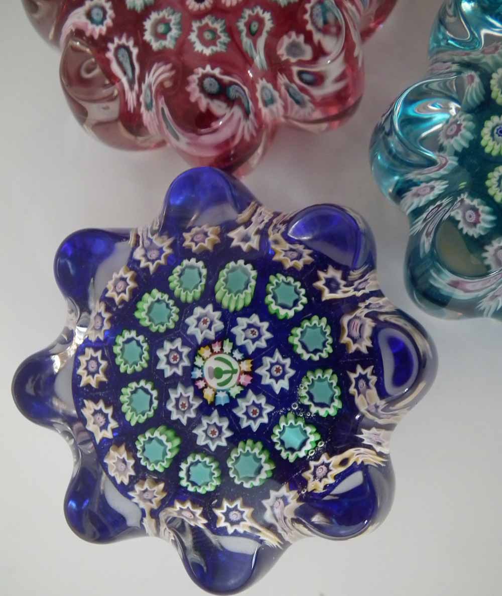 Six John Deacons Millefiori paperweights, with cog shape bodies, set with thistle, stag, dog and - Image 3 of 10