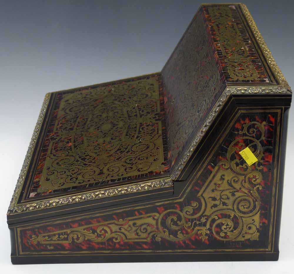 French Boulle type cut brass and tortoiseshell lacquer table top writing box, circa 1870, signed - Image 5 of 8