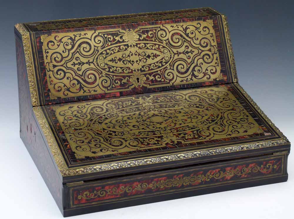 French Boulle type cut brass and tortoiseshell lacquer table top writing box, circa 1870, signed