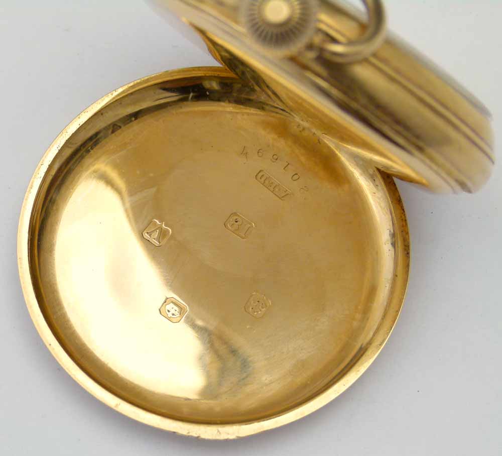 Waltham 18ct gold cased open faced pocket watch, Dennison case Birmingham 1920, white enamel Roman - Image 3 of 5
