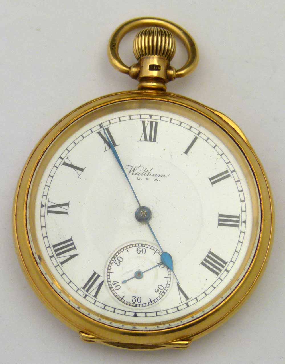 Waltham 18ct gold cased open faced pocket watch, Dennison case Birmingham 1920, white enamel Roman