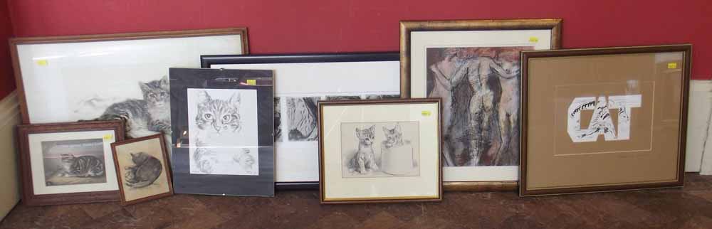 Quantity of assorted prints and original artworks largely relating to cats to include pencil drawing
