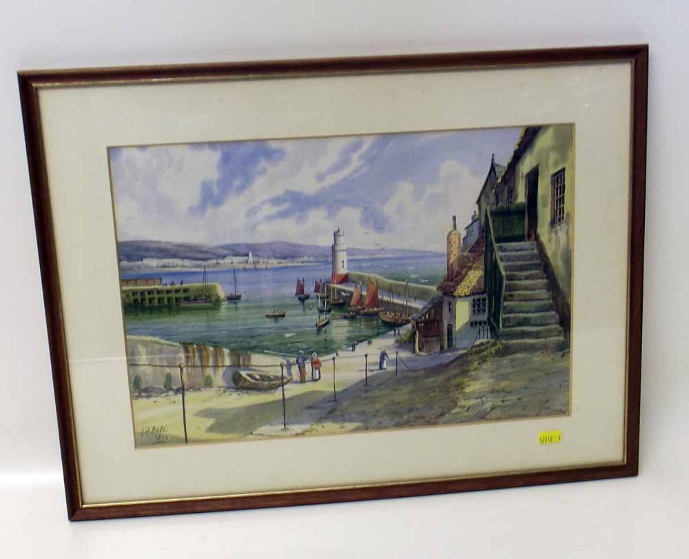 Watercolour "Newlyn" signed A.D. Bell (1947) depicting harbour and lighthouse. Condition report: see