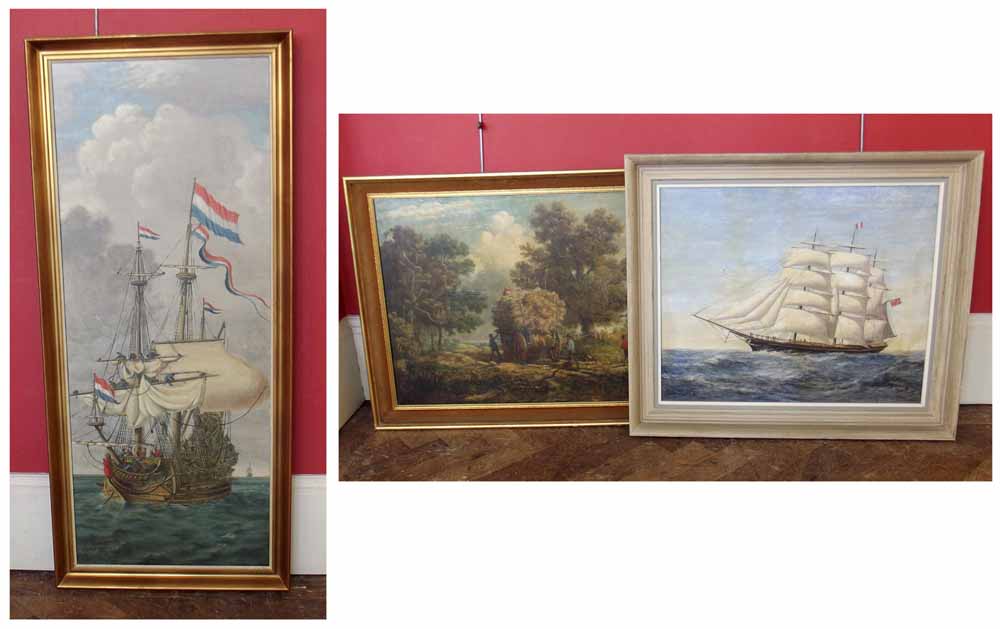 O Trowel 20thC - two maritime scenes with shipping together with a rural view by the same artist -