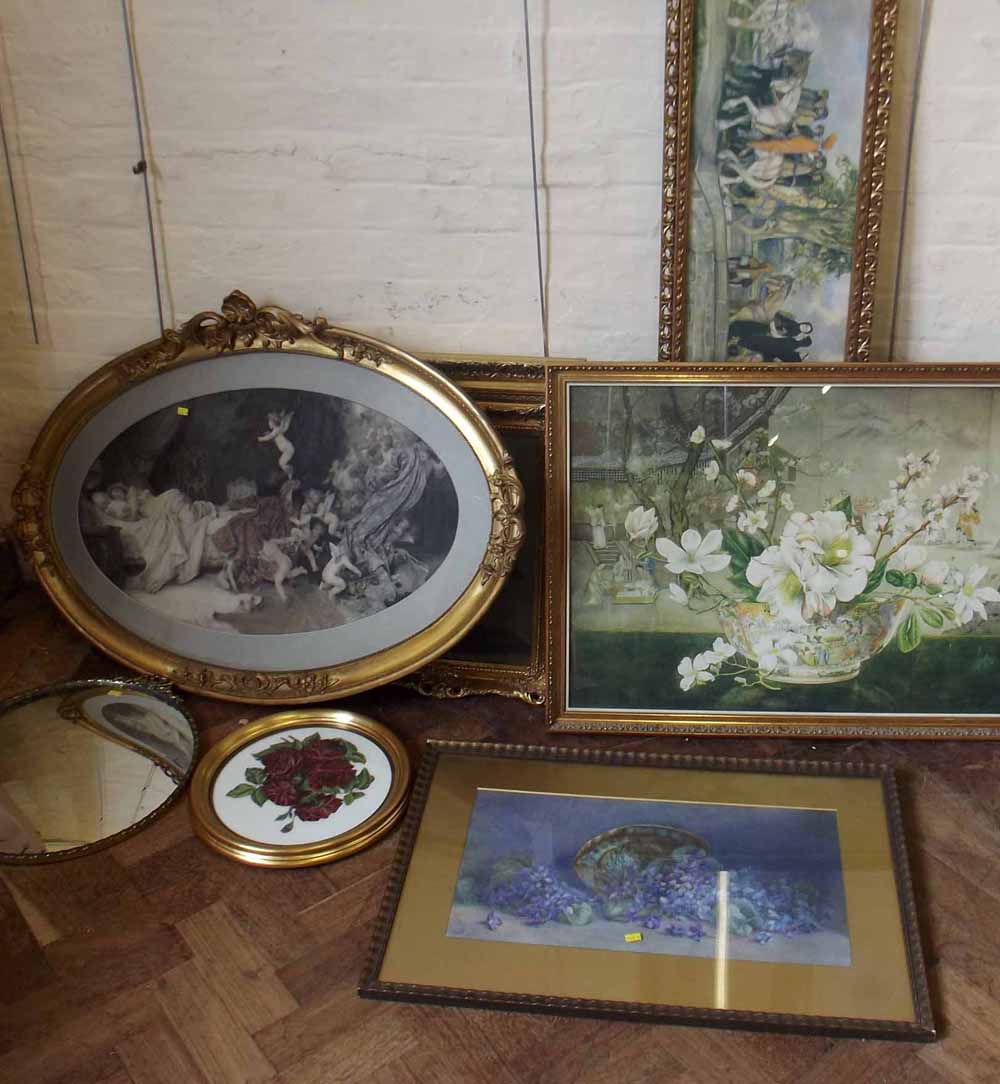 Three C.H. Bennett Still Life form oils, E.M. Breton watercolour and three framed prints etc.