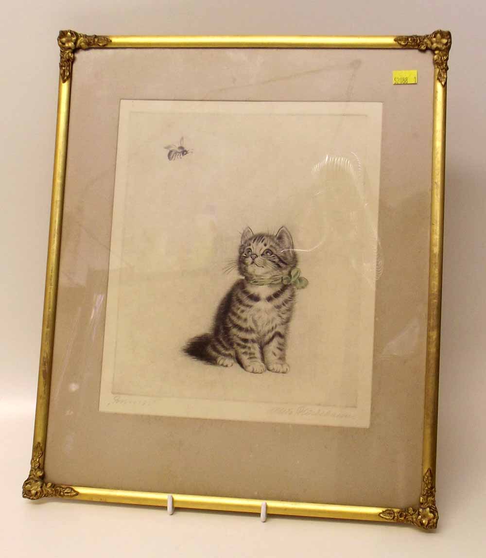 Meta Plukebaum - "Bzzzz" signed etching in decorative gilt frame. Condition report: see terms and