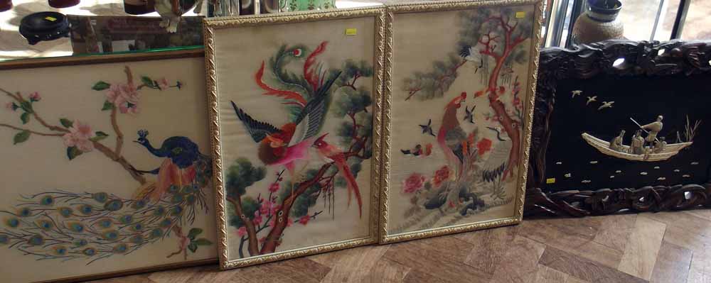 Carved hardwood oriental panel and three silk/woolwork pictures. Condition report: see terms and