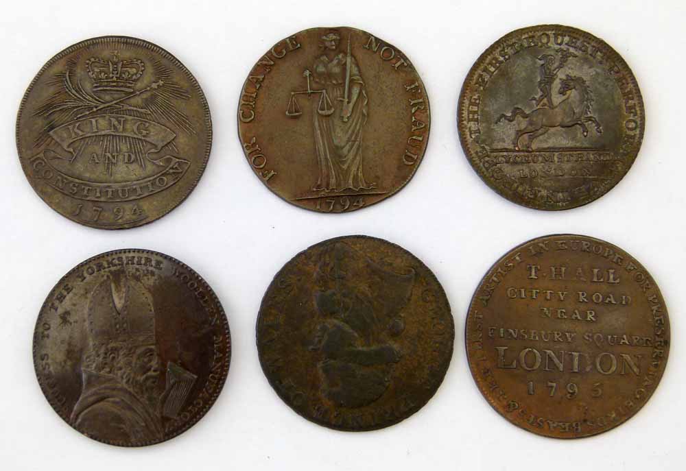 Six copper half-penny Conder tokens, 1790`s, from Cronebane, London, Chelmsford and Leeds (