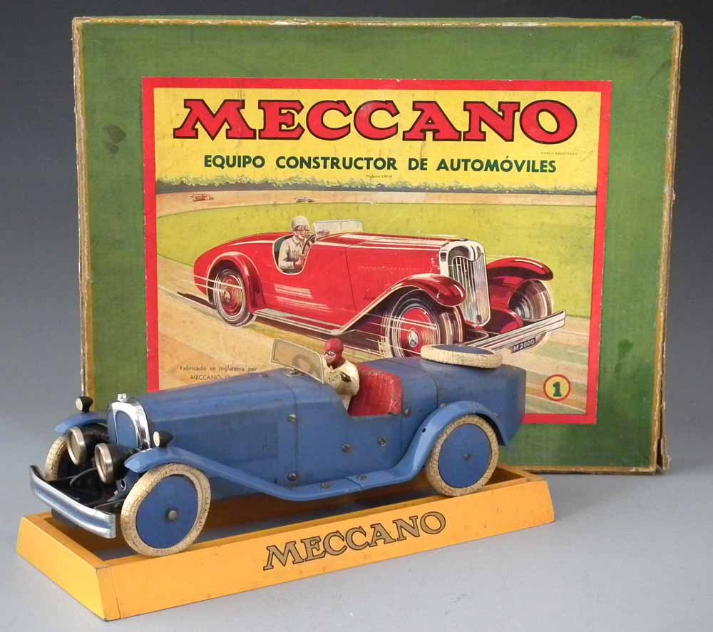 Meccano Car Constructor set 1   the clockwork car with yellow display stand and card box, the car