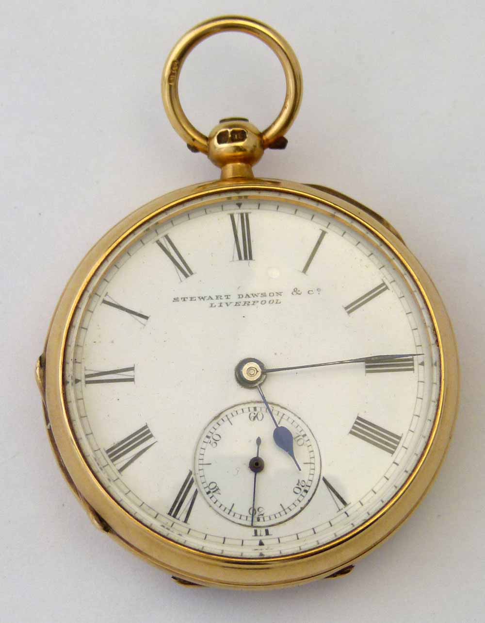 18ct gold open faced fob watch by Stewart Lawson & Co, Liverpool, case Birmingham 1891, 36mm,