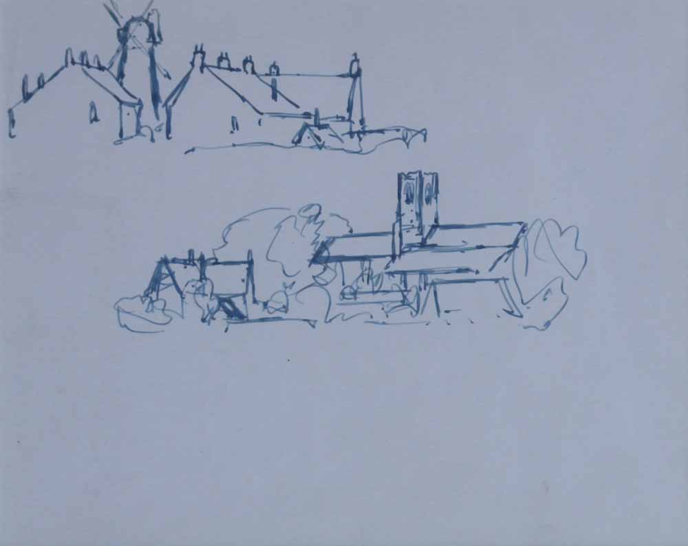 Edward Seago R.W.S. (1910-1974),  Village sketches with a windmill and a church, unsigned, ink, 21 x