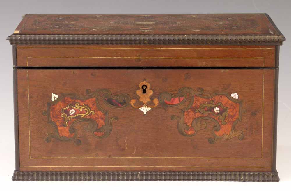 Satinwood teacaddy, circa 1870, with Boulle decoration in burr veneer, mother-of-pearl and