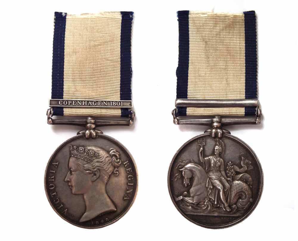 Naval General Service Medal with one clasp for Copenhagen 1801   for John Clarke, naming impressed.