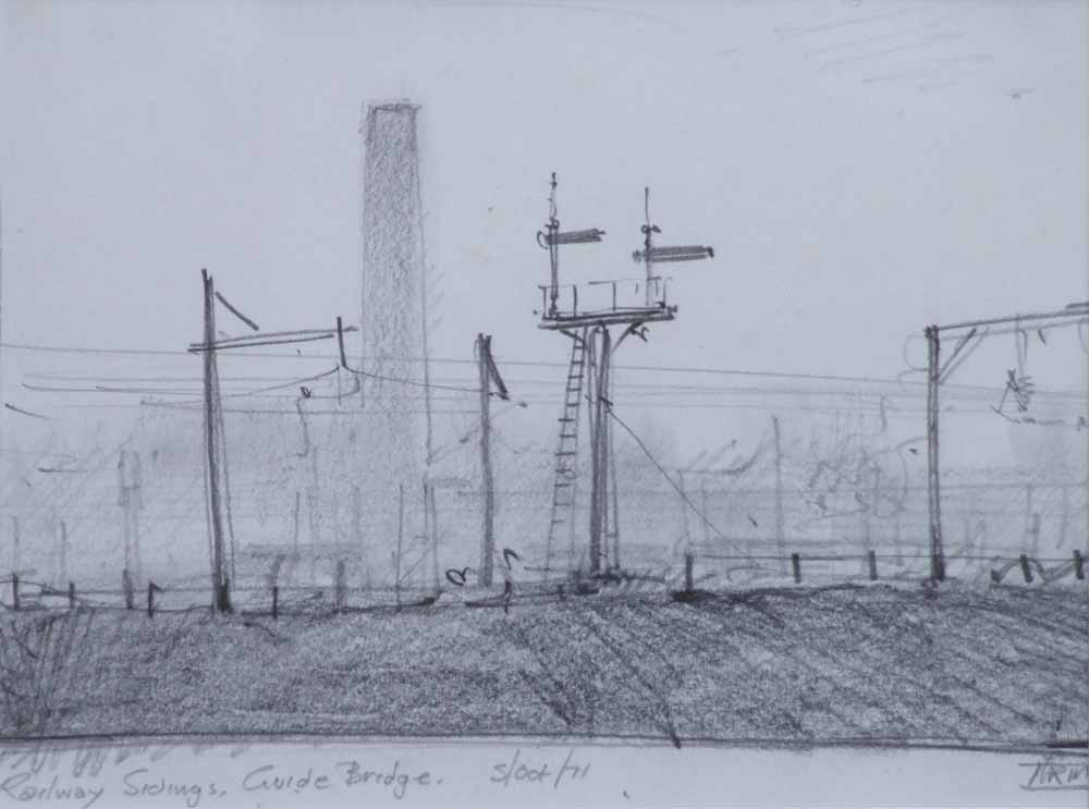 Trevor Grimshaw (1947-2001),  Railway Sidings, Guide Bridge, signed, titled and dated 5 Oct. `71,