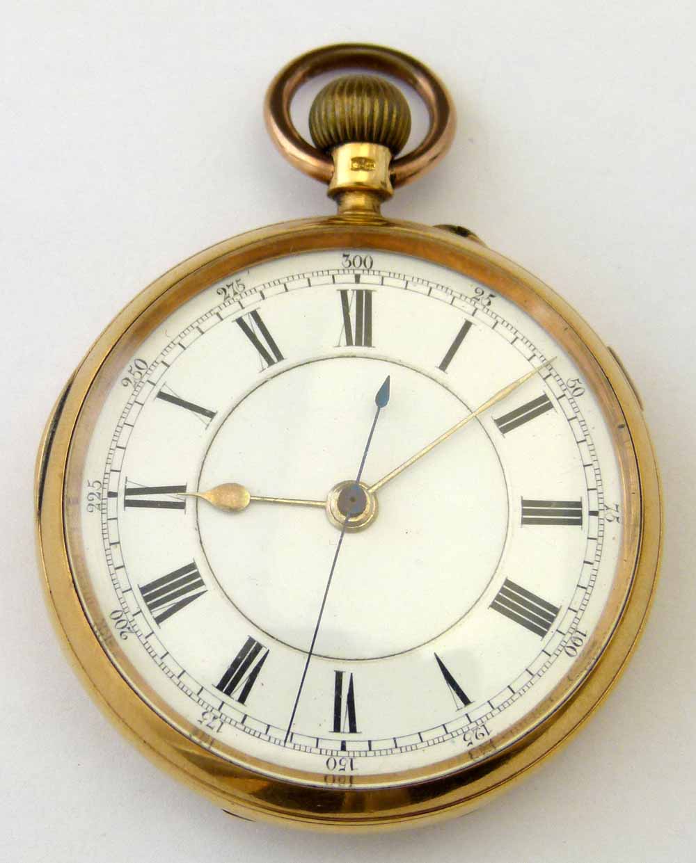 18ct gold open faced pocket watch, case Chester 1908, white enamel Roman dialm gilt spade hands,