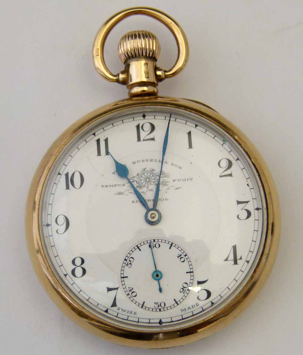 9ct gold open faced pocket watch, case Birmingham 1926, white enamel Thos Russell dial with