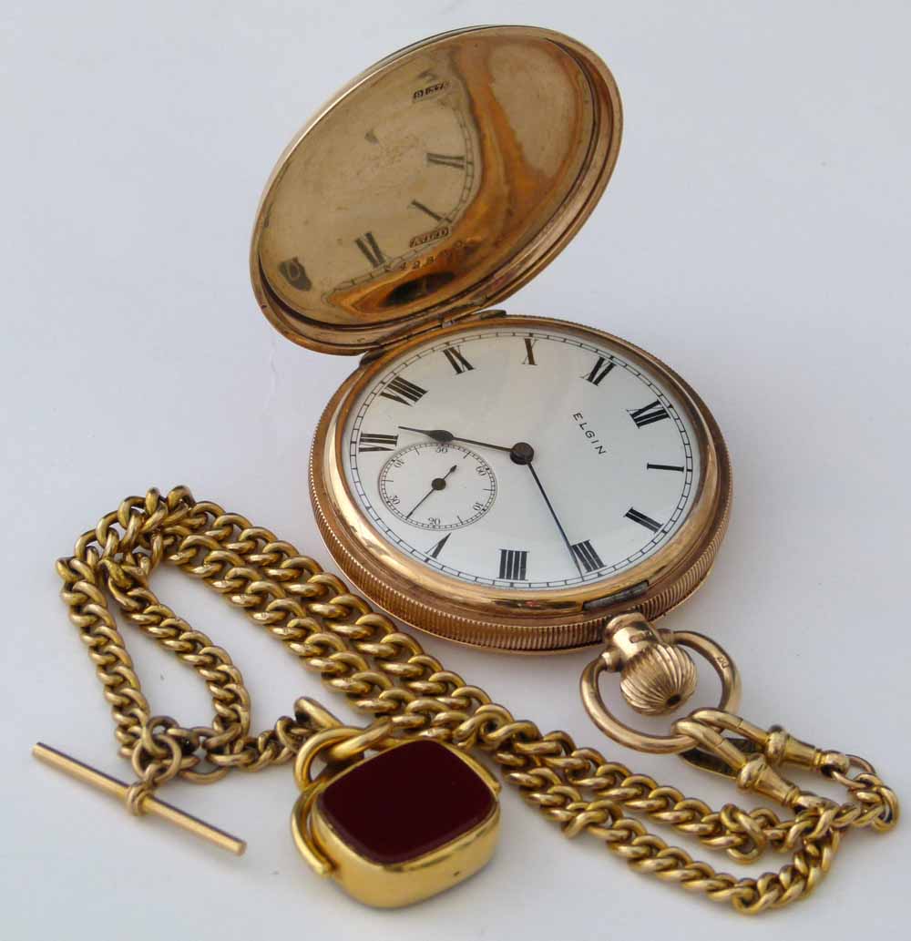 Elgin 9ct gold cased hunter pocket watch, Dennison case Birmingham 1918, white enamel Roman dial