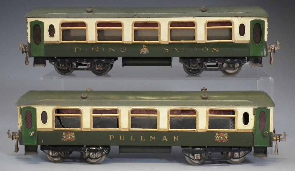 Two Hornby O Gauge tinplate Pullman coaches,   one of the Hornby O guage coaches labelled `Dining