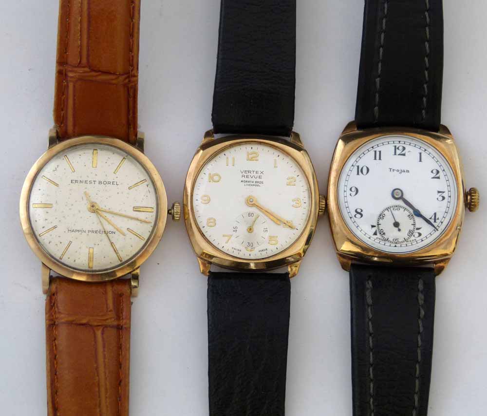 9ct gold cased Ernest Borel man`s wristwatch, case London 1962, satin dial, gilt hands and batons,