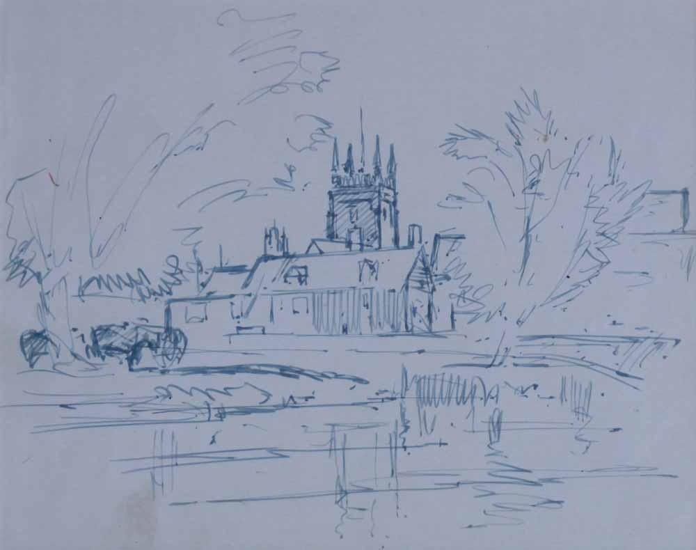Edward Seago R.W.S. (1910-1974),  Village scene with buildings and a church, unsigned, ink, 21 x