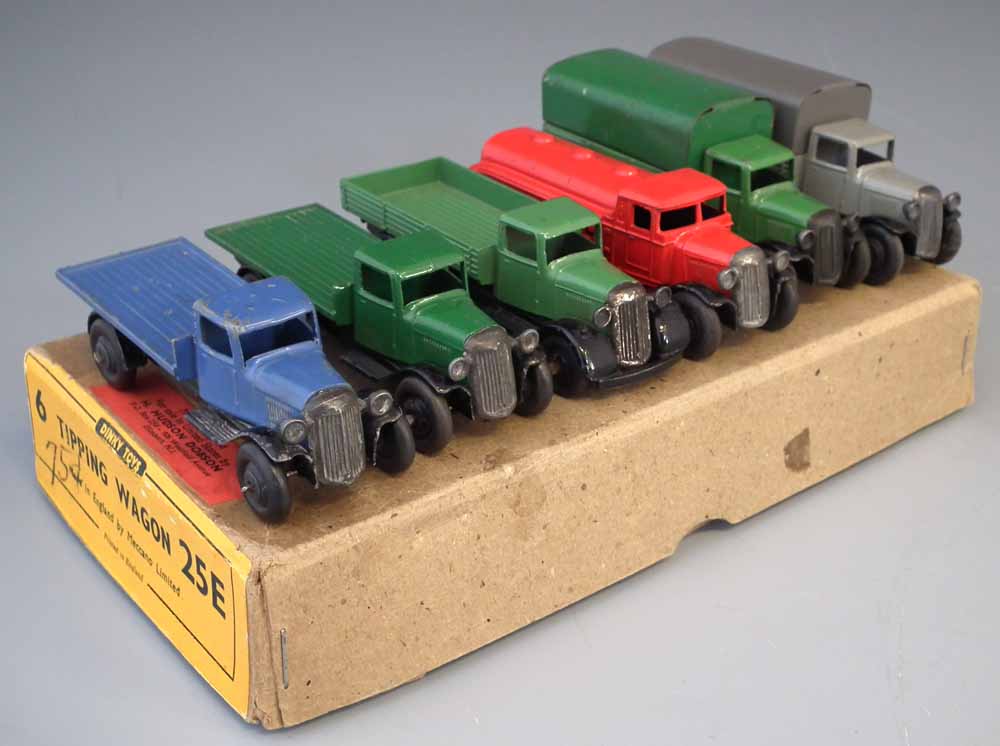 Six Dinky 25 series models  to include three 25B Covered wagons, (one has no top) two 25C flat